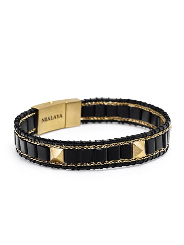 Nialaya Men's Beaded Bracelet Black Onyx Stud Bracelet Black Onyx Stud Bracelet